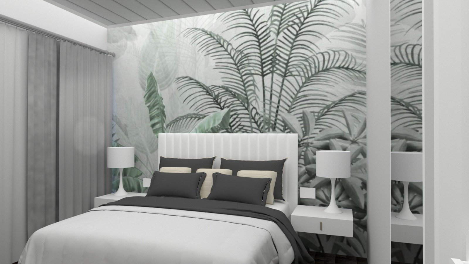 Dormitorio moderno con papel mural tropical y cama blanca — proyecto DISEÑOS, por Kardiona, en Villa Elisa